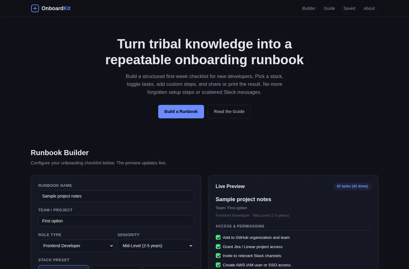 Screenshot of Developer Onboarding Runbook Checklist interface showing the project page in use